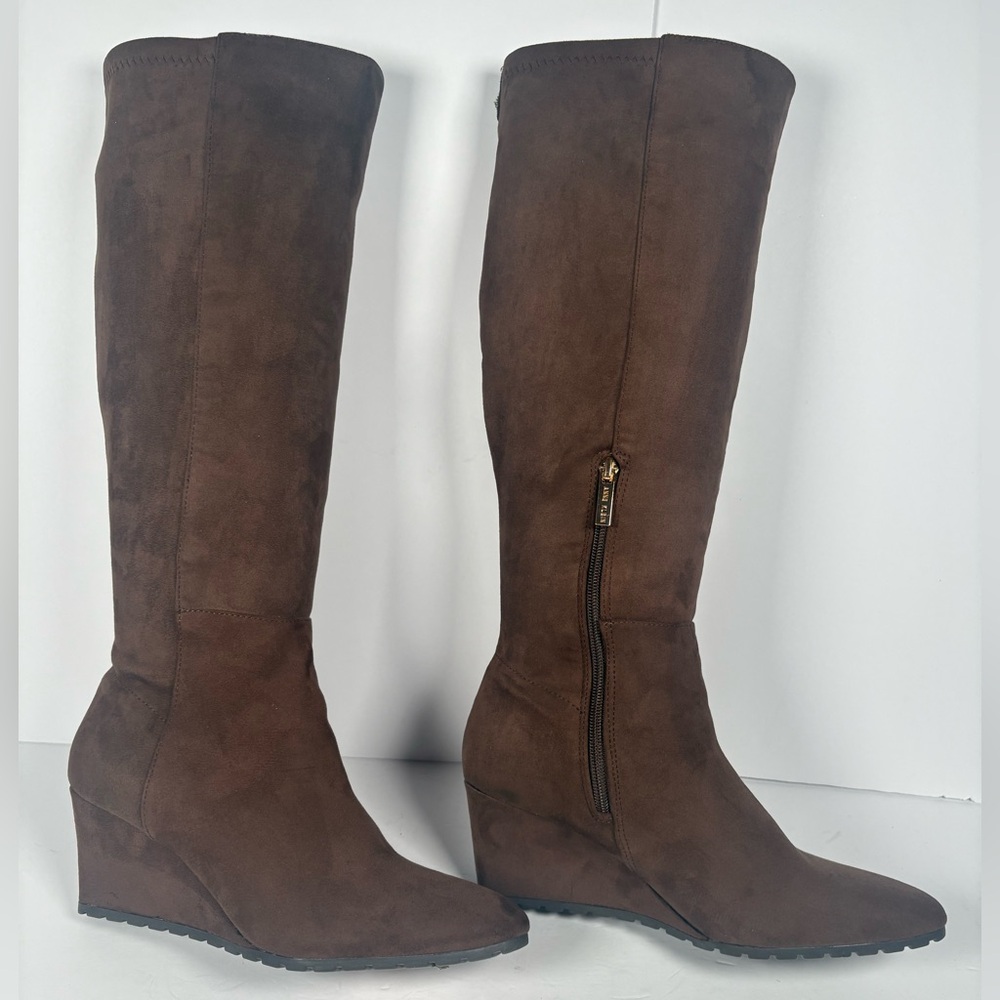 Anne Klein Kennedy Women's Sz 8m Brown Faux Suede Knee High Wedge Boots